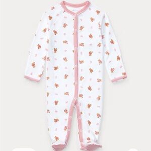 NWOT Ralph Lauren Polo Bear Cotton Footed Coverall Pink Striped Trim Size 3m